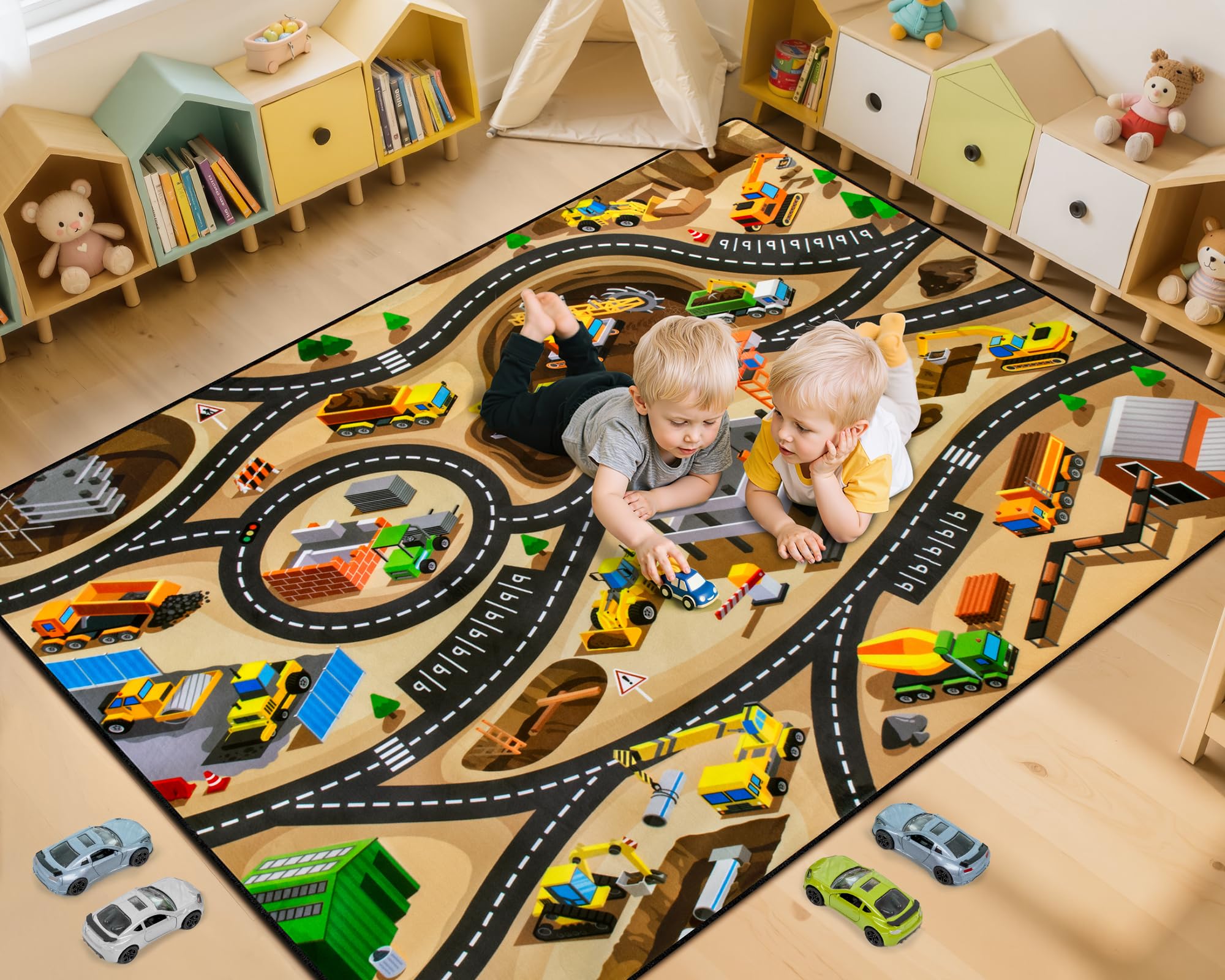 Photo 1 of AlphabetAcre Kids 4x6 Ft Construction Site Car Rug - Extra Thick (0.4in),Tufted Wool & Rubber, Non-Slip, Stain & Fade Resistant, Machine Washable, Rustic Cartoon Construction Site Pattern