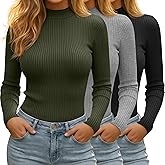 Xaatren 3 Pack Women's Mock Turtleneck Tops Ribbed Long Sleeve Shirts Mock Neck Slim Fit Undershirt Casual Basic Layering Tee