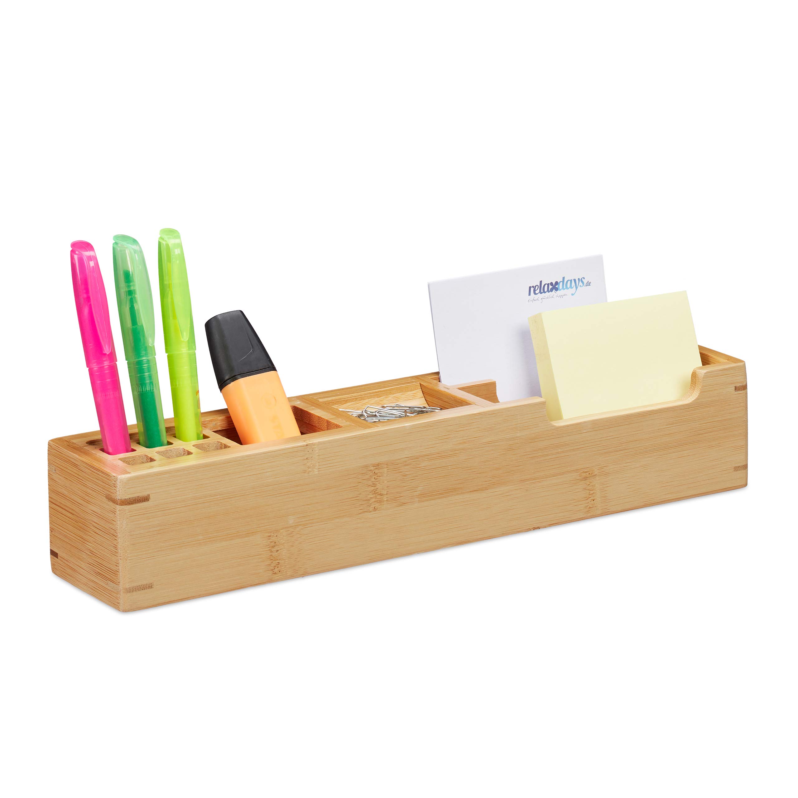 Relaxdays Bamboo Desk Organiser, 11 Compartment Storage Box, Office Stationery Stand HxWxD: 6 x 32 x 7 cm, Natural
