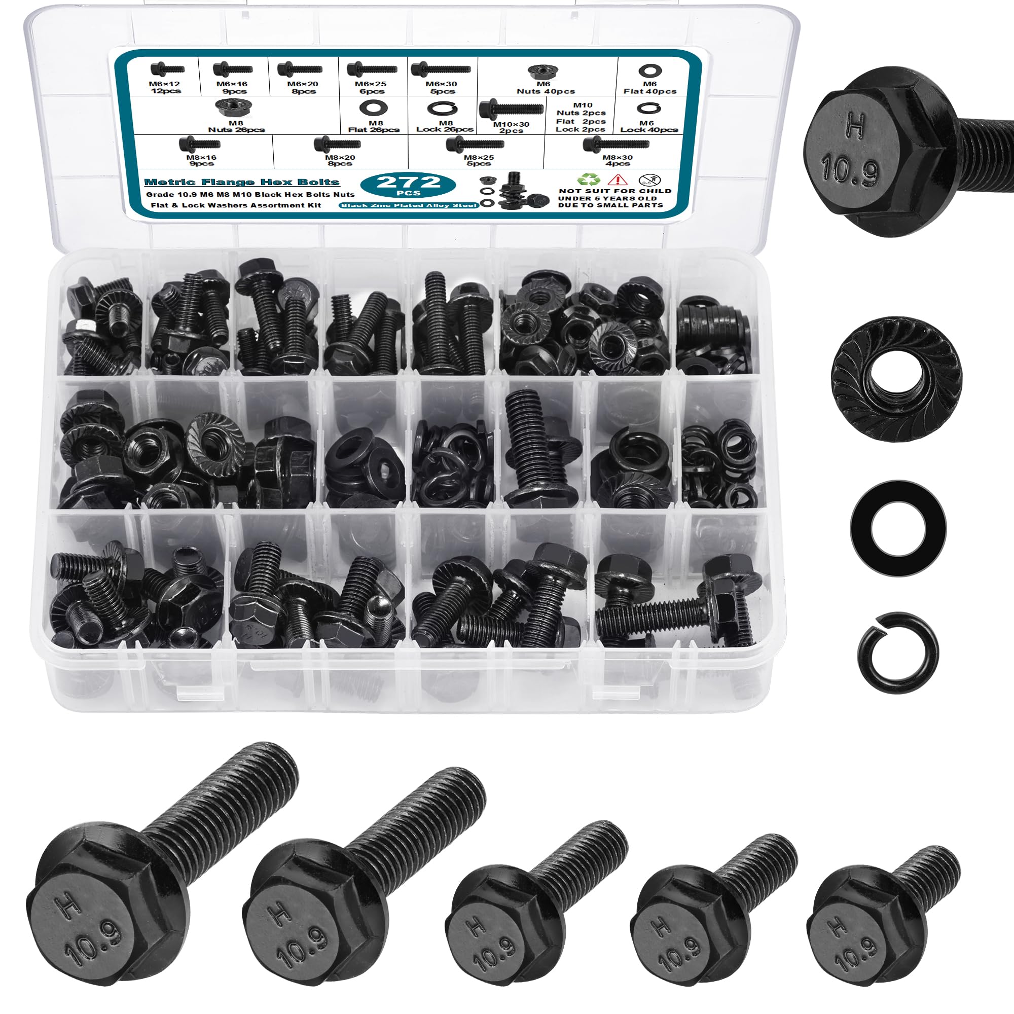 272Pcs Flange Hex Bolts and Nuts Kit,M6 Bolt,M8 Metric  Bolt Assortment,Alloy Steel Class