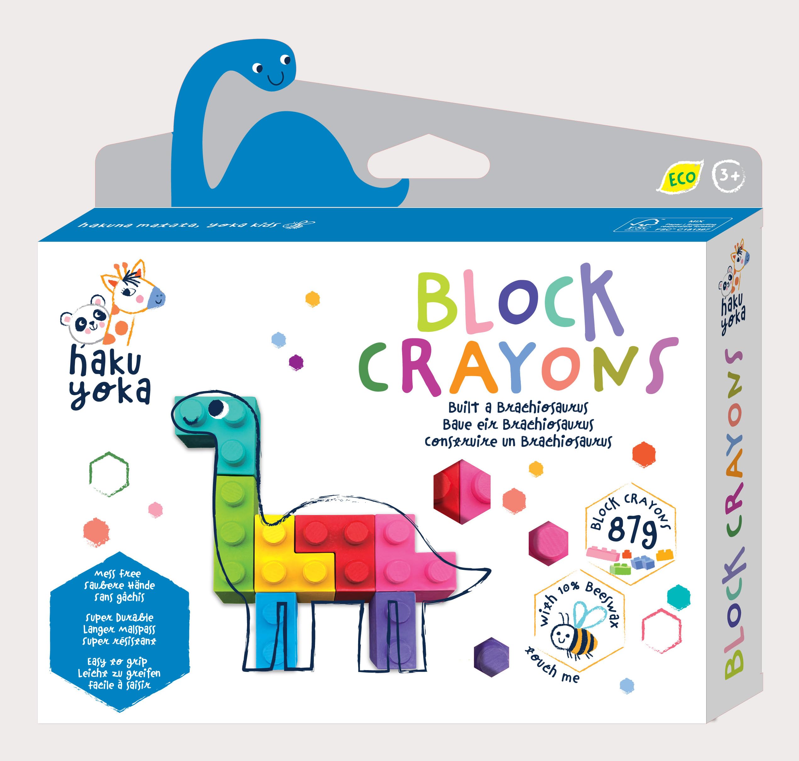 Haku Yoka Block Crayons Brachiosaurus, 8 Colours, Mess Free, Super Durable and Easy to Grip Crayons for Ages 3 Years+, Natural Beeswax & Organic Mineral Coloured Lego Style Crayon