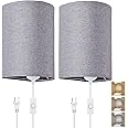 Wall Sconces Set of 2, Plug in Wall Sconces with On/Off Switch, 3-Color Selectable (3000K/4000K/6000K), Fabric Linen Lamp Shades, No Wiring Required, Ideal for Bedroom, Living Room, and Porch (Grey)