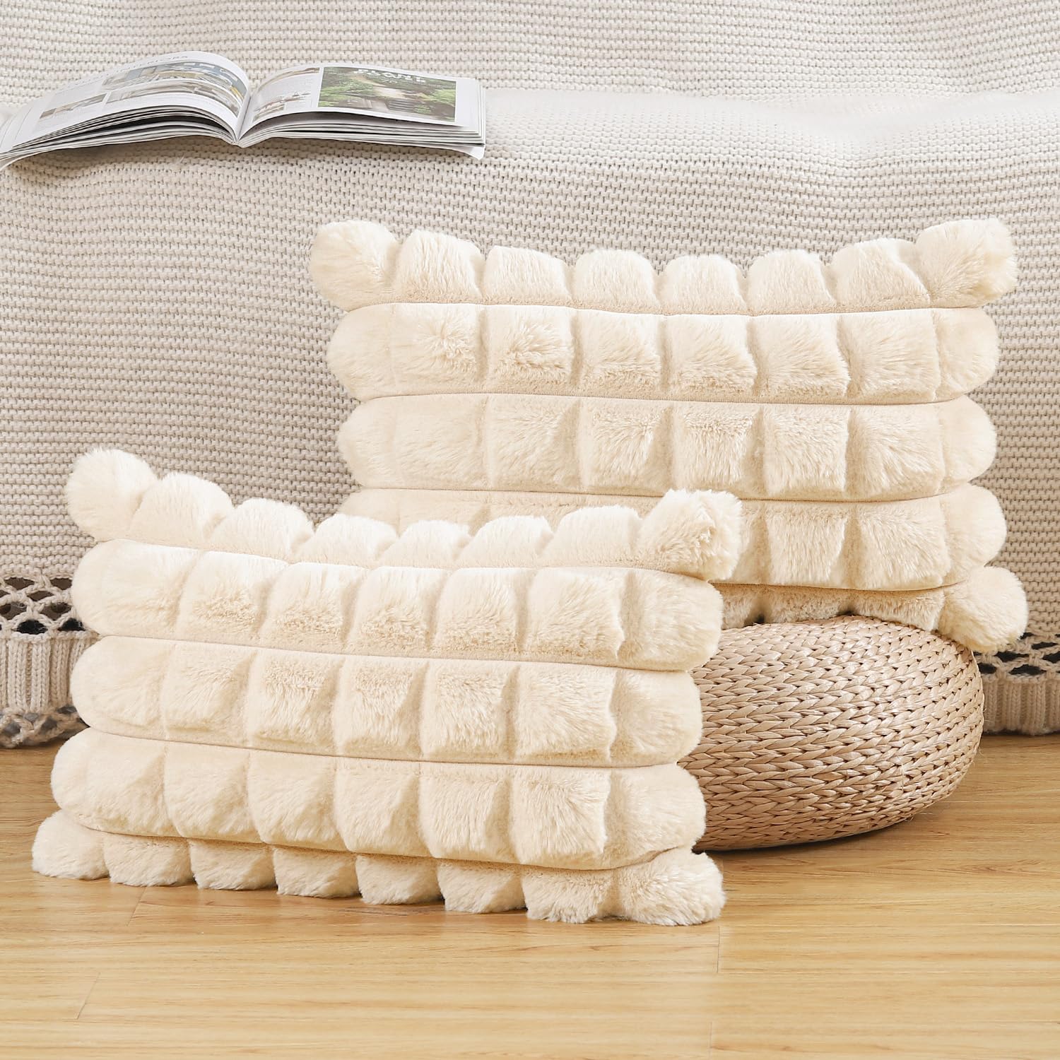 Madizz Faux Wool Beige Cushion Covers 12x20 Inch, 30x50 cm, Set of 2 Super Soft Boho Throw Pillow Covers Decorative Textured Throw Pillows for Sofa Bedroom
