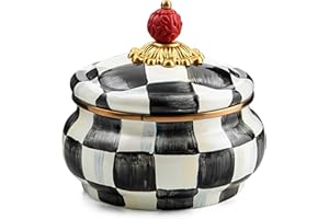 MACKENZIE-CHILDS Enamel Squashed Pot, Cute Enameled Container with Lid, 20 Ounces, Black-and-White Courtly Check