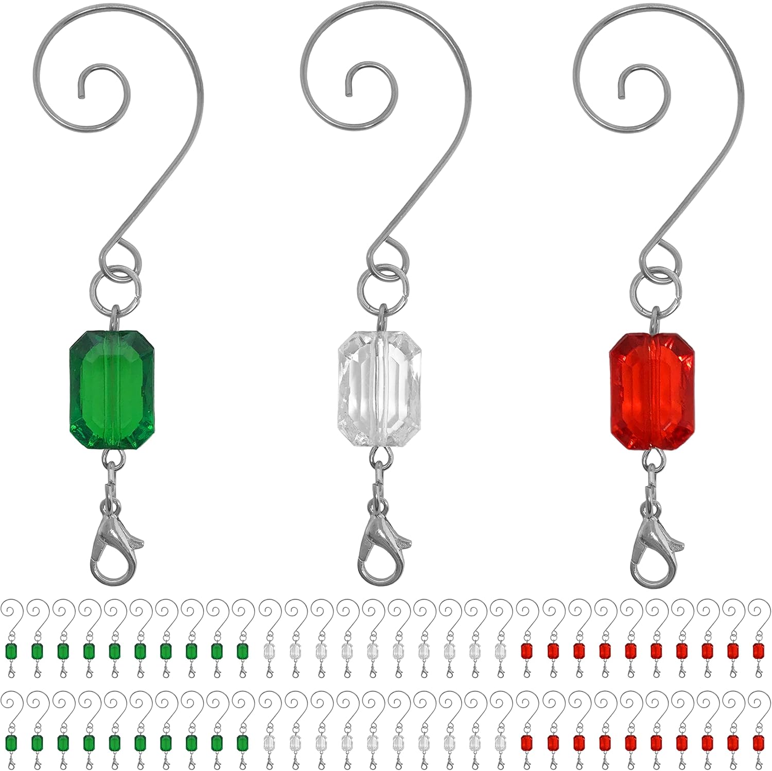 Ornament Hooks - BANBERRY DESIGNS Christmas Ornament Hooks - Set of 60 Red, Green and Clear Beaded Hangers - Decorative Silver Wire S-Hook with Sparkling Gems - Holiday Seasonal Decorations