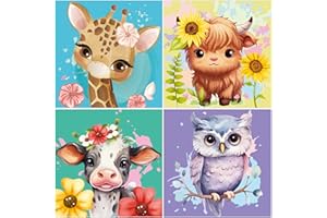 DASKALL Paint by Numbers Kit Kids - 4 Pack 7.8" Cute Highland Cow, Owl, Giraffe Crafts Animal Theme for Girls 6-12 Spark Creativity Artistic Talent
