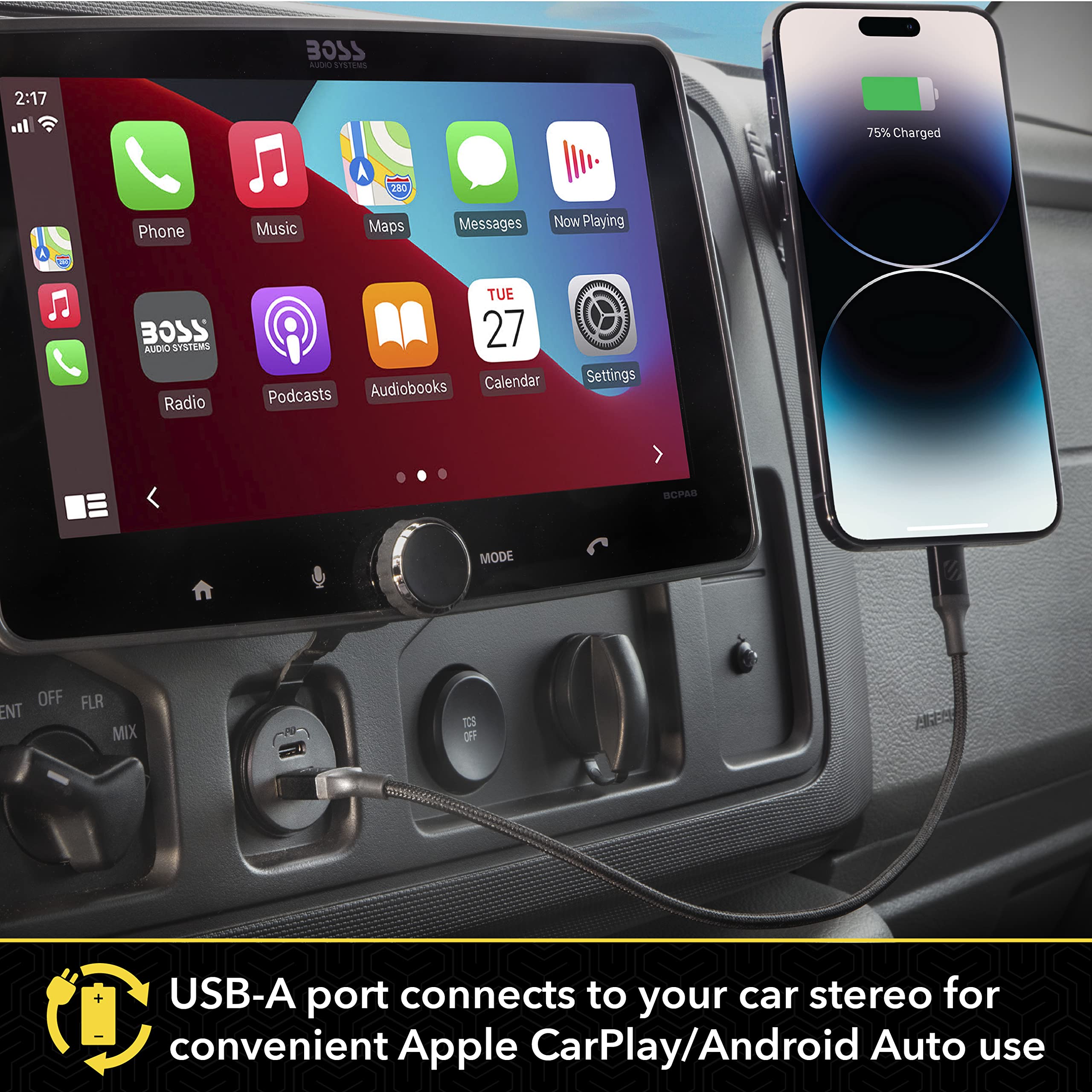 Scosche CPPDRLK-SP PowerVolt 27W Dash Port USB PD 3.0 Type-C Car Charger Compatible w/ Apple CarPlay & Android Auto Passthrough with USB-A to USB-C Adapter, Charger Socket for Car, Truck, Motorcycle