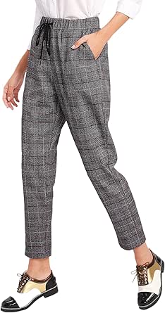 drawstring waist plaid trousers
