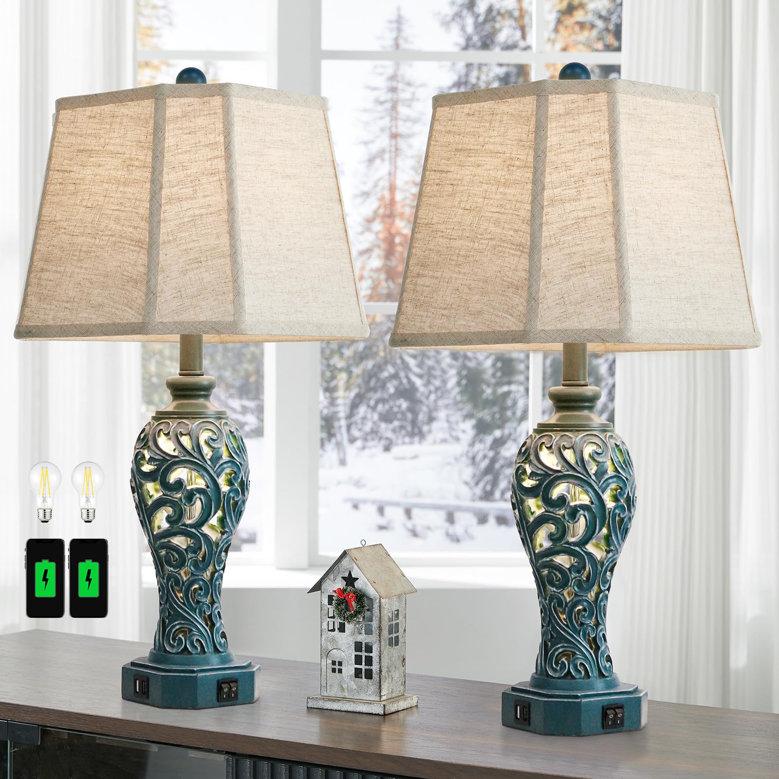 Photo 1 of 25'' Farmhouse Table Lamps Set of 2 for Living Room Bedroom, 2 USB Ports Coastal Vintage Table Lamp with Nightlight, Blue Green Hollow Out Resin Lamp for End Table (Bulbs Included)