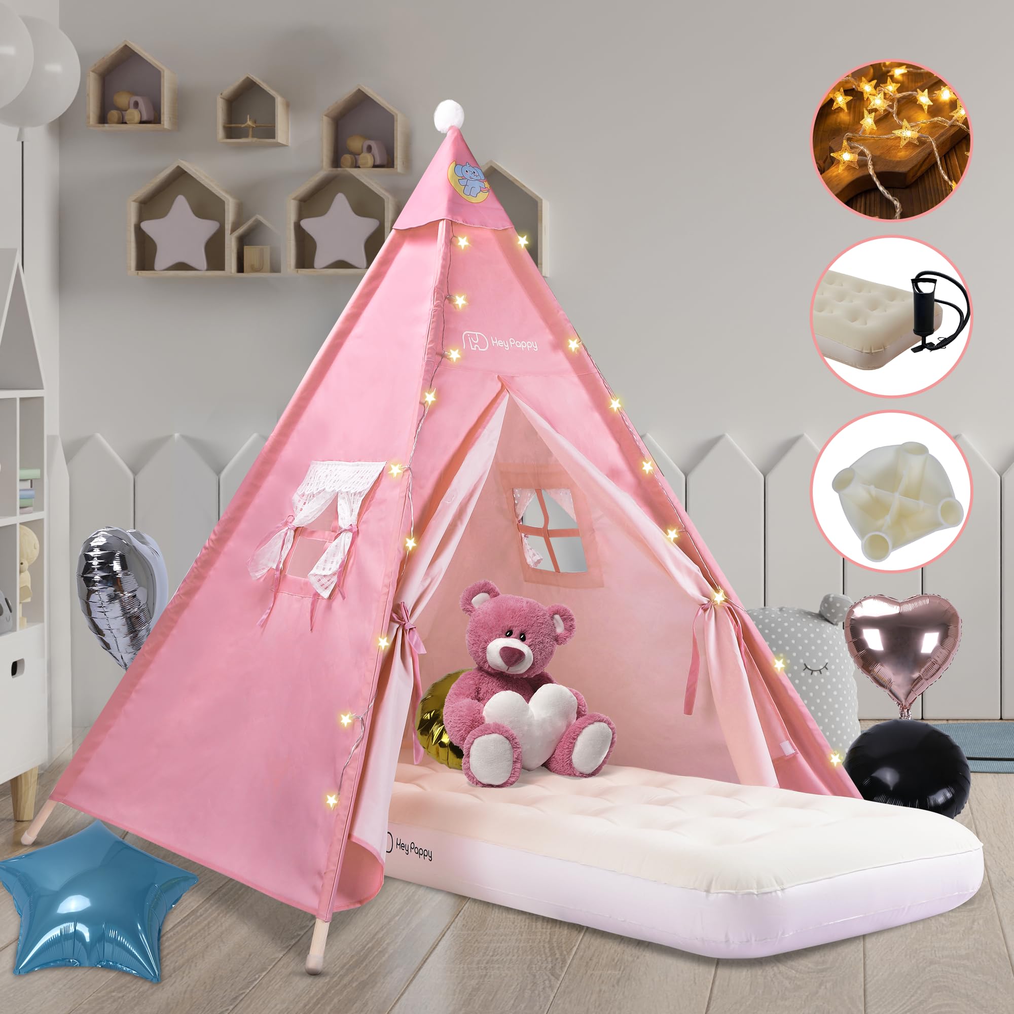 Photo 1 of Heypappy Teepee Tent for Kids with Inflatable Airbed, String Lights, Balloons, Pump, Washable Slumber Party Tent Indoor Outdoor for Girls Boys, Children Tipi Playhouse for Playtime and Sleepover