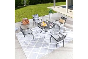 Festival Depot 5 Piece Patio Dining Set Metal Chairs with Seat Cushions and Round Iron Table with Umbrella Hole All Weather Outdoor Furniture for Deck Garden (grey1)