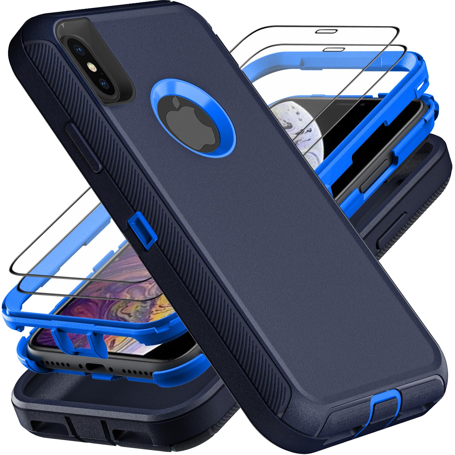 for iPhone X/iPhone Xs Case, Military Grade 3 in 1 Heavy Duty Shockproof/Drop Proof/Dust Proof Case with 2Pcs Tempered Glass Screen Protector (Navy Blue)