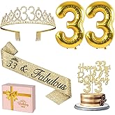 33 Birthday Decorations Women Gold with 33rd Birthday Sash and Tiara, Cake Topper and Candles, Number Balloons, 33 Year Old Gifts for Women