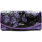 ArtsEye Roses Embossed Genuine Leather Trifold Wallet Purse (Purple)