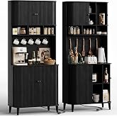 71.7" Kitchen Pantry Storage Cabinet with Microwave Stand &amp; Charging Station, Freestanding Kitchen Hutch Cabinet , Modern Floor Cupboard Food Pantry with Fluted Sliding Doors for Dining Room 1pc Black