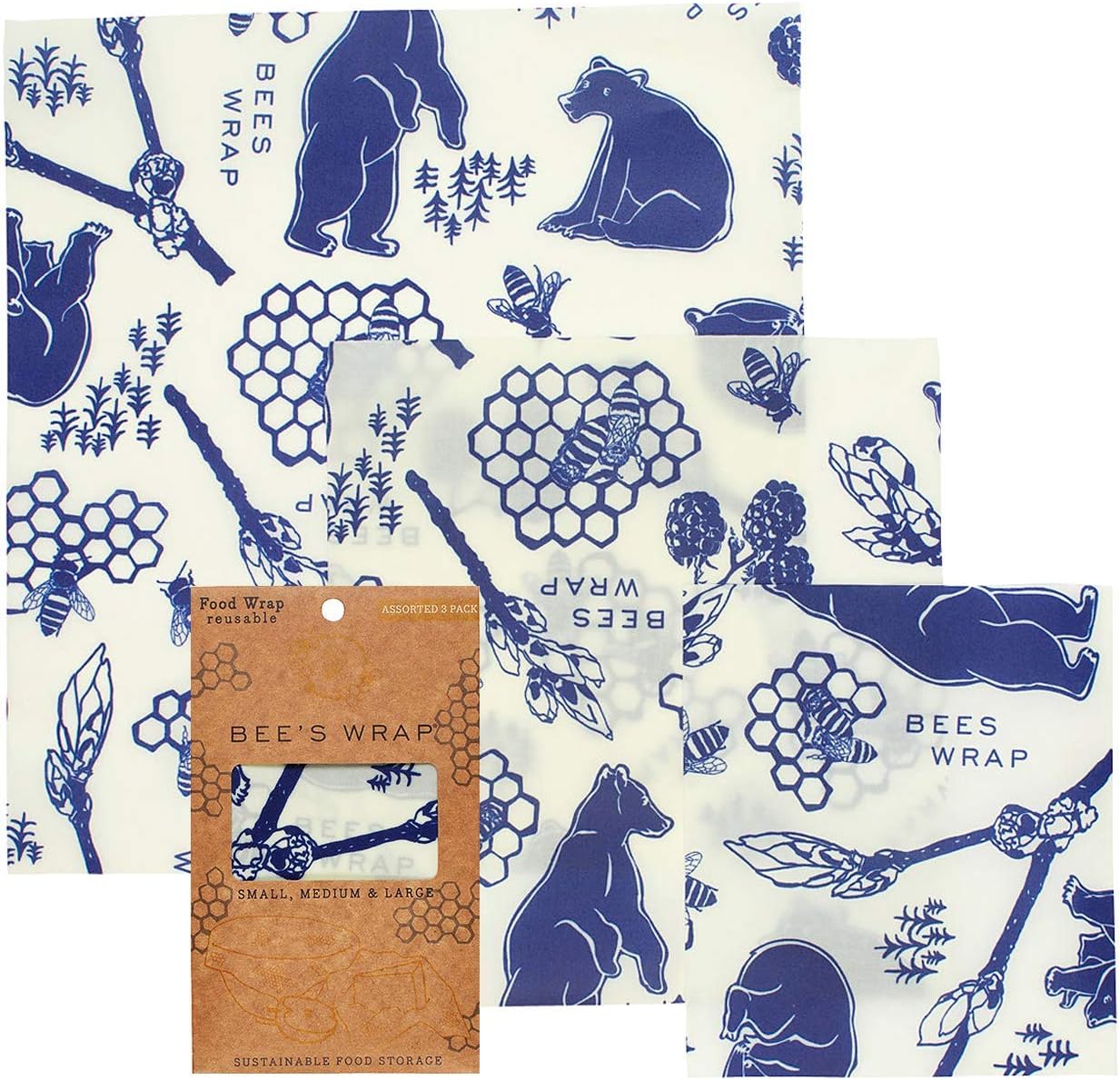 Bees Wrap Bees & Bears Lunch Pack, Set of 3 Wraps, Bees + Bears Print, Lunch Pack Bees + Bears