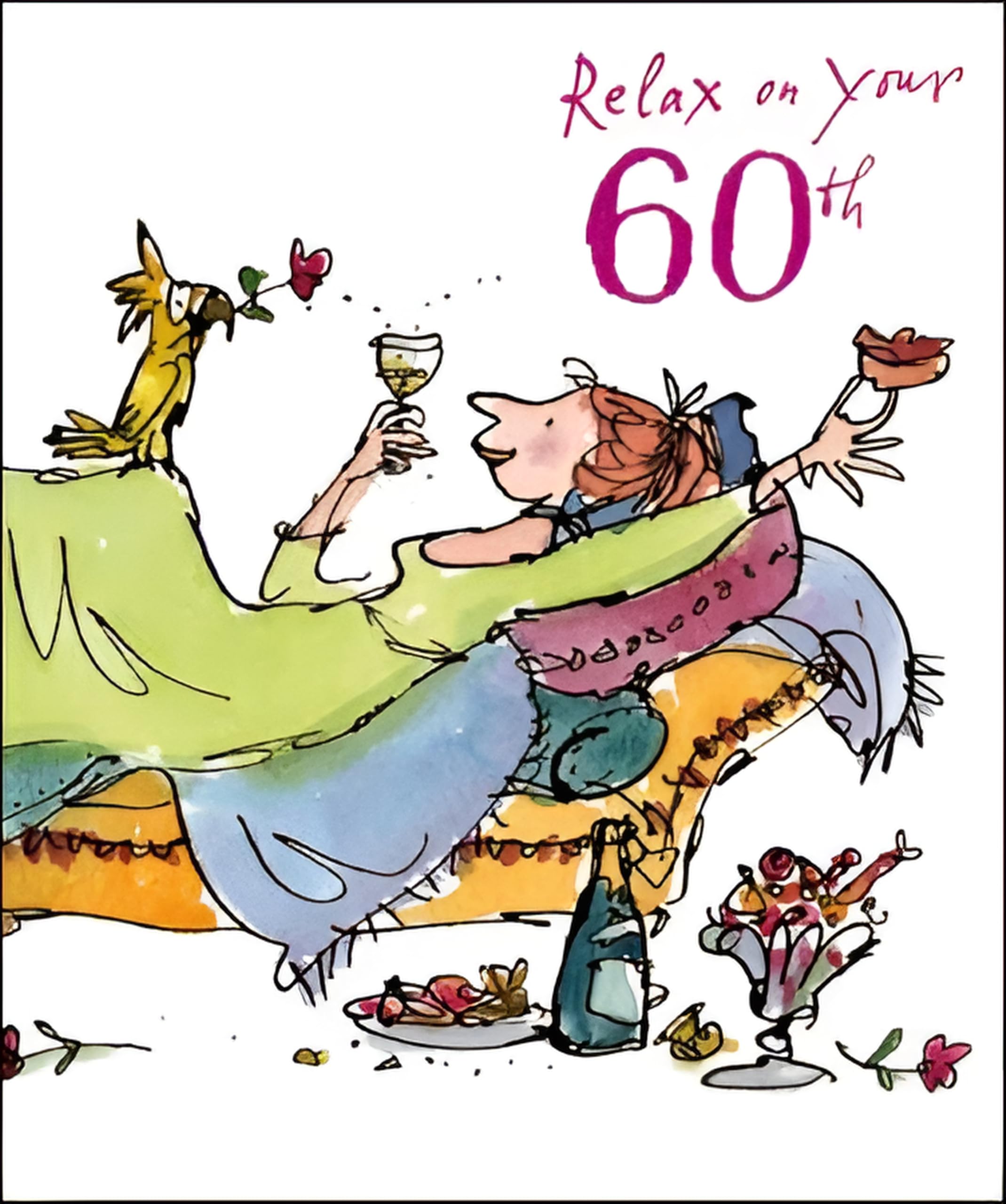 Birthday Card (WDM9026) 60th Birthday - Quentin Blake - Lady having treats