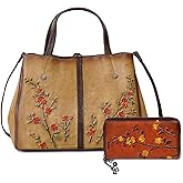 Genuine Leather Vintage Bag & Wallet Set for Women - Cowhide Crossbody Purse with RFID Blocking Wallet, Flower Embossed Retro Gift Combo