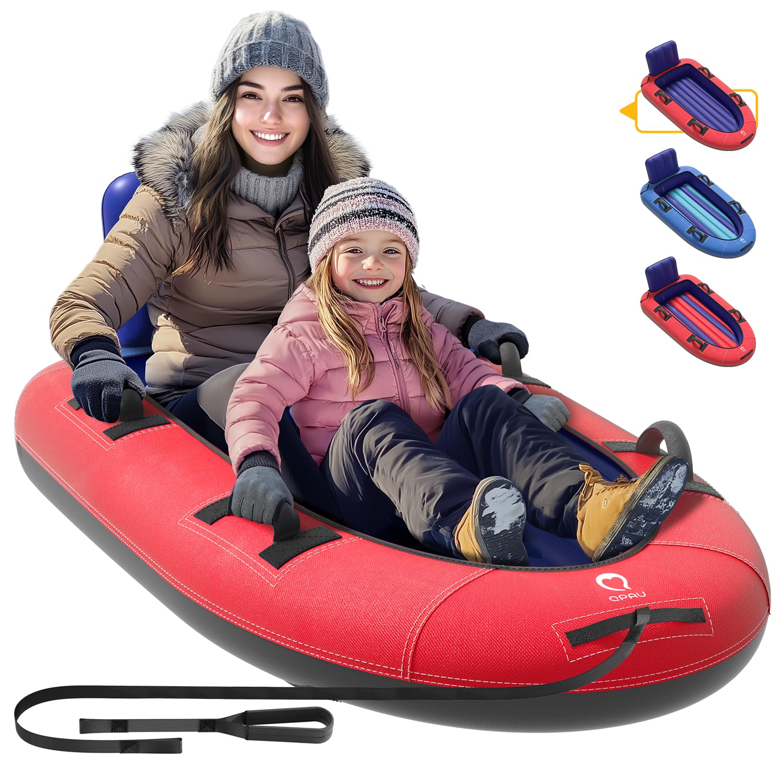 Photo 1 of QPAU Snow Sled with Premium Canvas Cover, 2 Person Inflatable Heavy Duty Snow Tube with Reinforced Handles, Snow Sleds for Kids and Adults, Winter Toboggan Outdoor Toys Gifts for Family (Red&Blue)