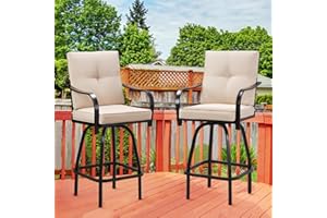 GOOGIC Patio Swivel Bar Stools， Outdoor High Back Swivel Bar Stool Chair Set of 2 with Cushion & All Weather Steel Frame,Beige