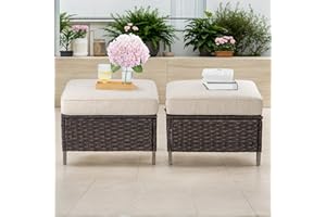 Gardenbee Outdoor Ottoman, All Weather Outdoor Rattan Ottomans Set of 2 Patio Footstools with Removable Cushions for Garden Backyard Porch(Brown/Beige)