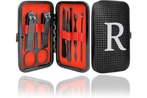 COSHAYSOO Manicure Set Nail Clipper Kit 7 Pieces with 1 Initial Letter Case Travel Essential for Men Women Grooming Kit Personalized Pedicure Toenail Fingernail Care Tools Gift for Grandpa Grandparent Black R