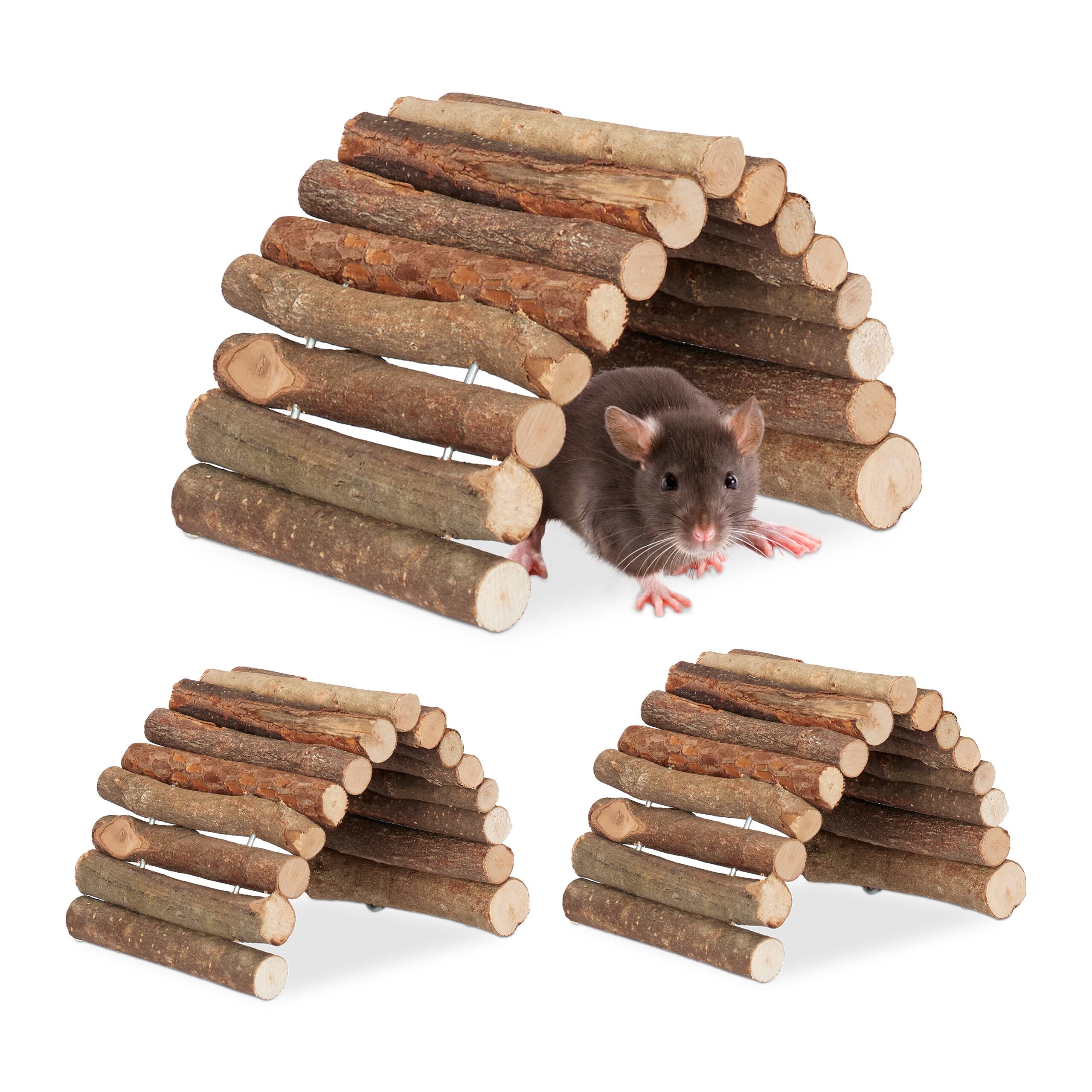 Relaxdays Rodent Bridge Tunnel, Set of 3, 10 x 22 cm, Flexible, Cage Accessory Hamster &, Mice, Natural Wood