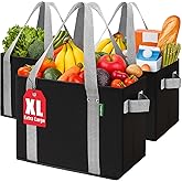 Reusable Grocery Bags (3 Pack) - Heavy Duty Eco Tote Bags with Box Shape to Stand Up, Hold Up to 65 Lbs - Stay Open & Fold Flat - Foldable Reusable Shopping Bags with Long Handles & Hard Bottom