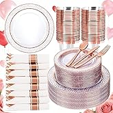 Ciaell 350PCS Rose Gold Plastic Plates - Clear Rose Gold Disposable Plates with Plastic Silverware include 100Plates, 150Silverware, 50Cups, 50Napkins for Wedding & Party & Valentine's Day