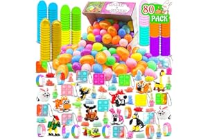 DZMEIRY 80Pack Prefilled Easter Eggs with Toys Inside Mini Pop Keychain Building Blocks Party Favors for Kids Basket Stuffers Fillers
