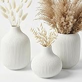 TrendEcoHome White Ceramic Vases Set of 3, Modern Minimalist Ribbed Vases for Centerpiece, Home Office Shelf Decor, Farmhouse Kitchen Bathroom Bedroom Living Room Decor