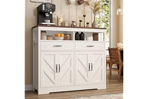 knoworld Buffet Sideboard with Storage Farmhouse with 4 Doors, 47'' Large Kitchen Storage Cabinet Wood Coffee Bar Cabinet Buffet Table with Shelves for Kitchen, Dining Room, Entryway