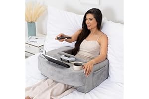 TABCOUCHCADDY Reading Pillow for Gaming – Extra Large Lap Desk & Arm Rest with Cup & Phone Holder, Adjustable Heights, Laptop Support, Large Pockets – Comfortable for Work, Gaming & Crocheting (Furry Grey)