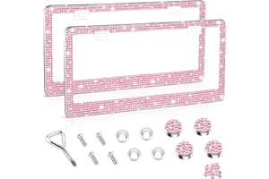 Amiss Bling License Plate Frame for Women, 2Pack Rhinestone Handcrafted Crystal Premium Stainless Steel, Stainless Steel Car Accessories with Diamond Sparkle Glitter Caps (Pink)