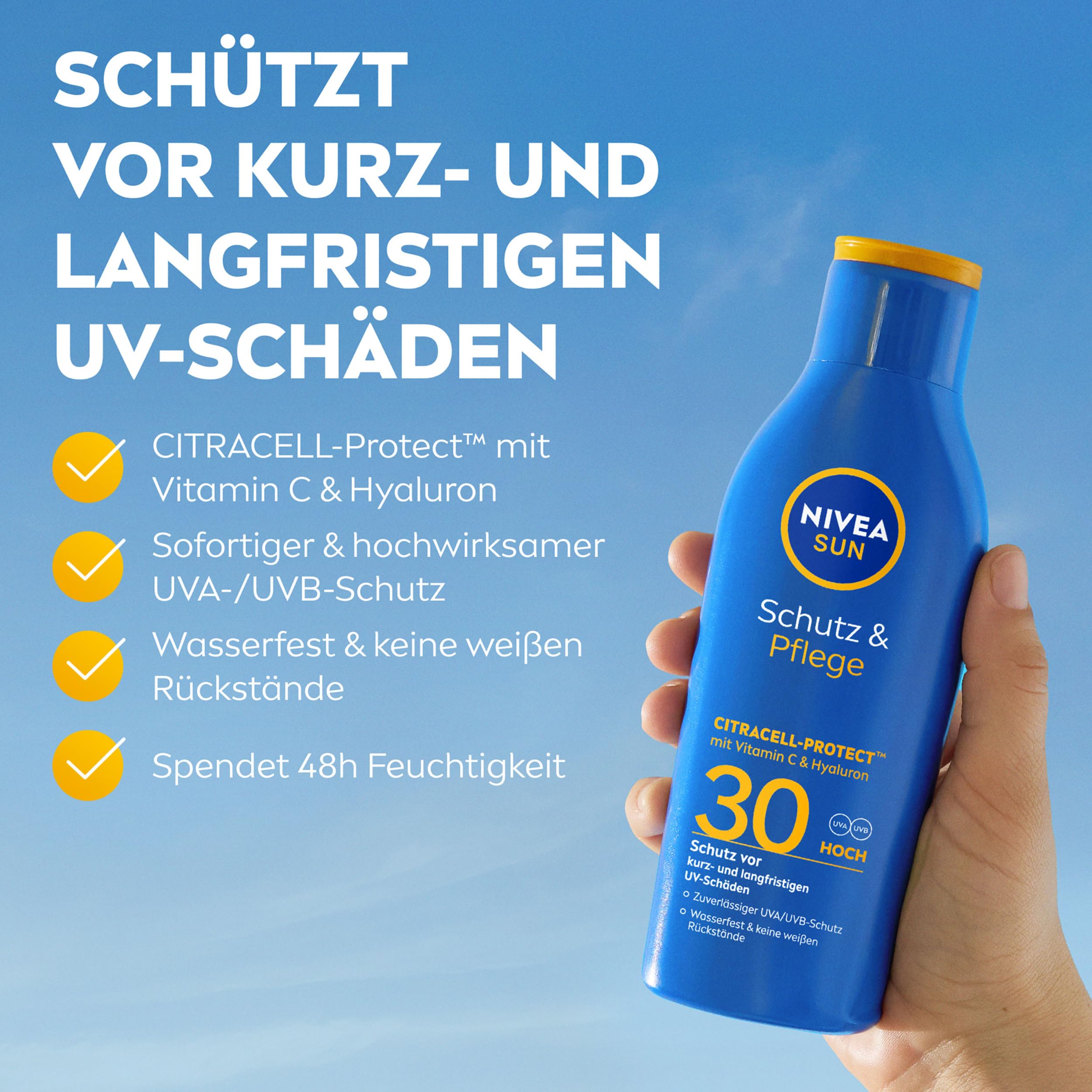 NIVEA SUN Schutz & Pflege Sonnenlotion LSF 30, wasserfester Sonnenschutz mit Vitamin C & Hyaluron, schnell einziehende Sonnencreme für 48h Feuchtigkeit ohne weißen Film (200 ml) 2