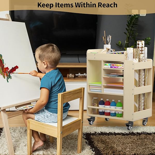 ART CART ROLLING WOOD, ARTS AND CRAFTS SUPPLY ORGANIZER, MULTI-FUNCTIONAL STORAGE CABINET CRAFTS, DIY UTILITY CART WITH PAPER STORAGE SHELF, ART SUPPLY HOLDER FOR CLASSROOM, OFFICE, BEDROOM