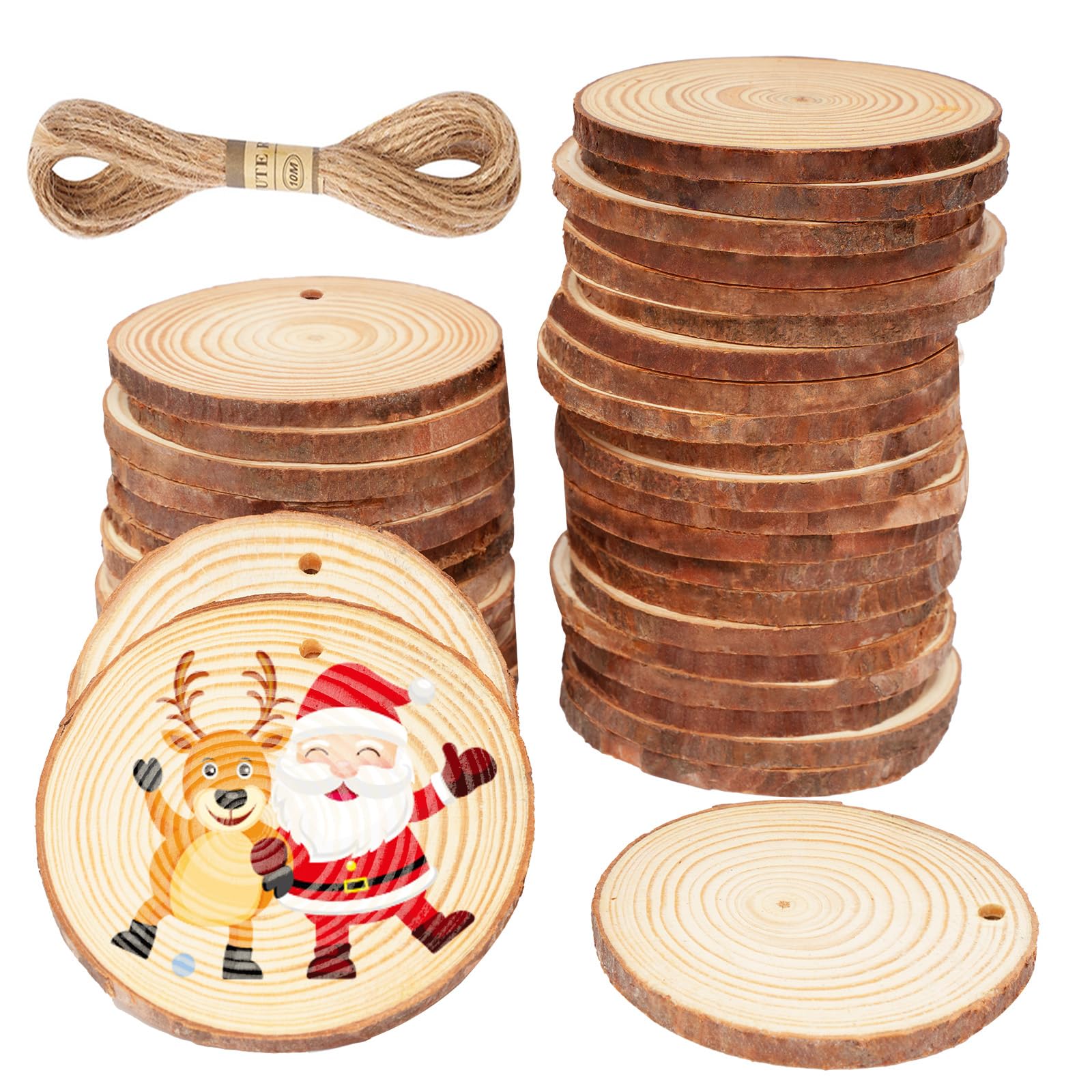 CUWELT 42Pcs Natural Wood Slices with Hole for Craft, 7-8cm Unfinished Log Discs with Hanging Rope, Predrilled Wooden Circles Round for Christmas Decoration Ornament DIY Arts Wedding Coaster
