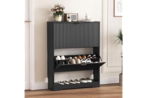 HUANLEGO Shoe Cabinet Storage for Entryway with 2 Flip Drawers, Black Fluted Shoe Cabinet with Open Storage, Wooden Hidden Shoe Rack Freestanding Narrow Slim Shoes Organizer for Hallway, Entrance