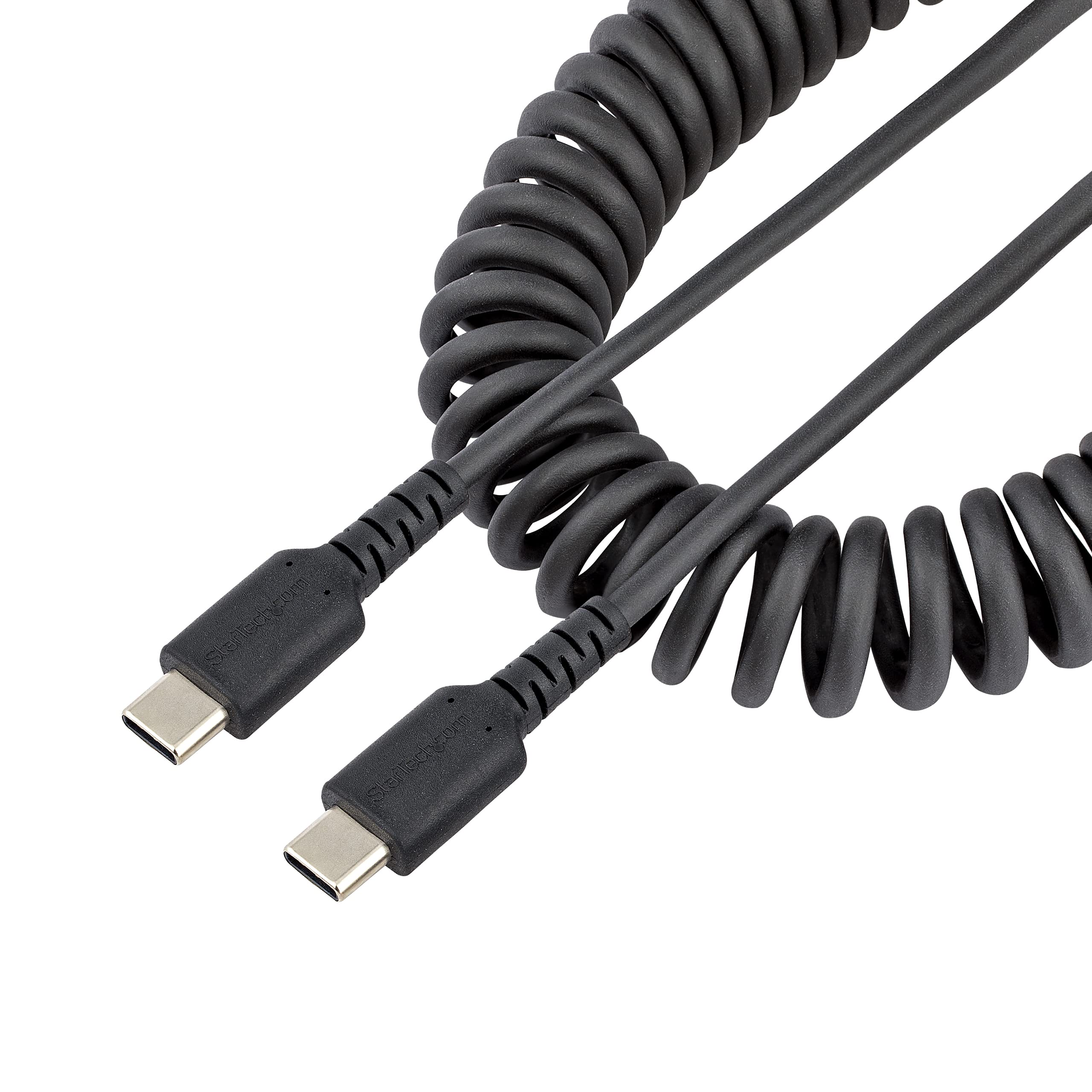 StarTech.com 20in (50cm) USB C Charging Cable, Coiled Heavy Duty Fast Charge & Sync USB-C Cable, USB 2.0 Type-C Cable, Rugged Aramid Fiber, Durable Male to Male USB Cable, Black (R2CCC-1M-USB-CABLE)