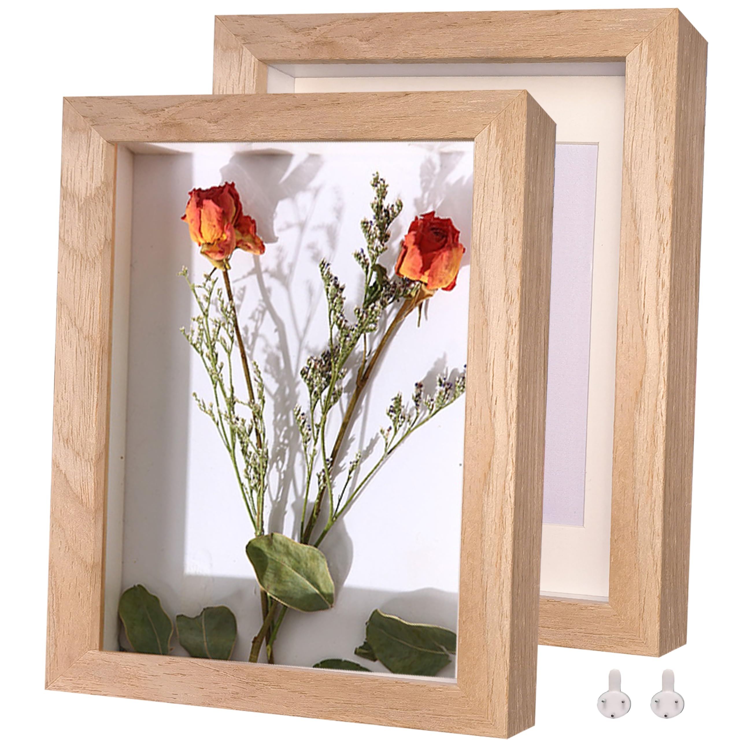 Houstimi Shadow Box Frame 8x10 Natural Wood Picture Frames 3D Deep Box 2 Pack Small Shadow Box Display Case Made of Solid Wood and Real Glass Internal Depth 0.6 inches for Wall Or Tabletop