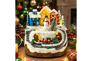 MXwcy Christmas Village House with Moving Train & Music - Lighted Snowman Figurine with 8 Holiday Songs, LED Lights - Resin Collectible Building for Indoor Xmas Decor, Table Centerpiece, Gifts