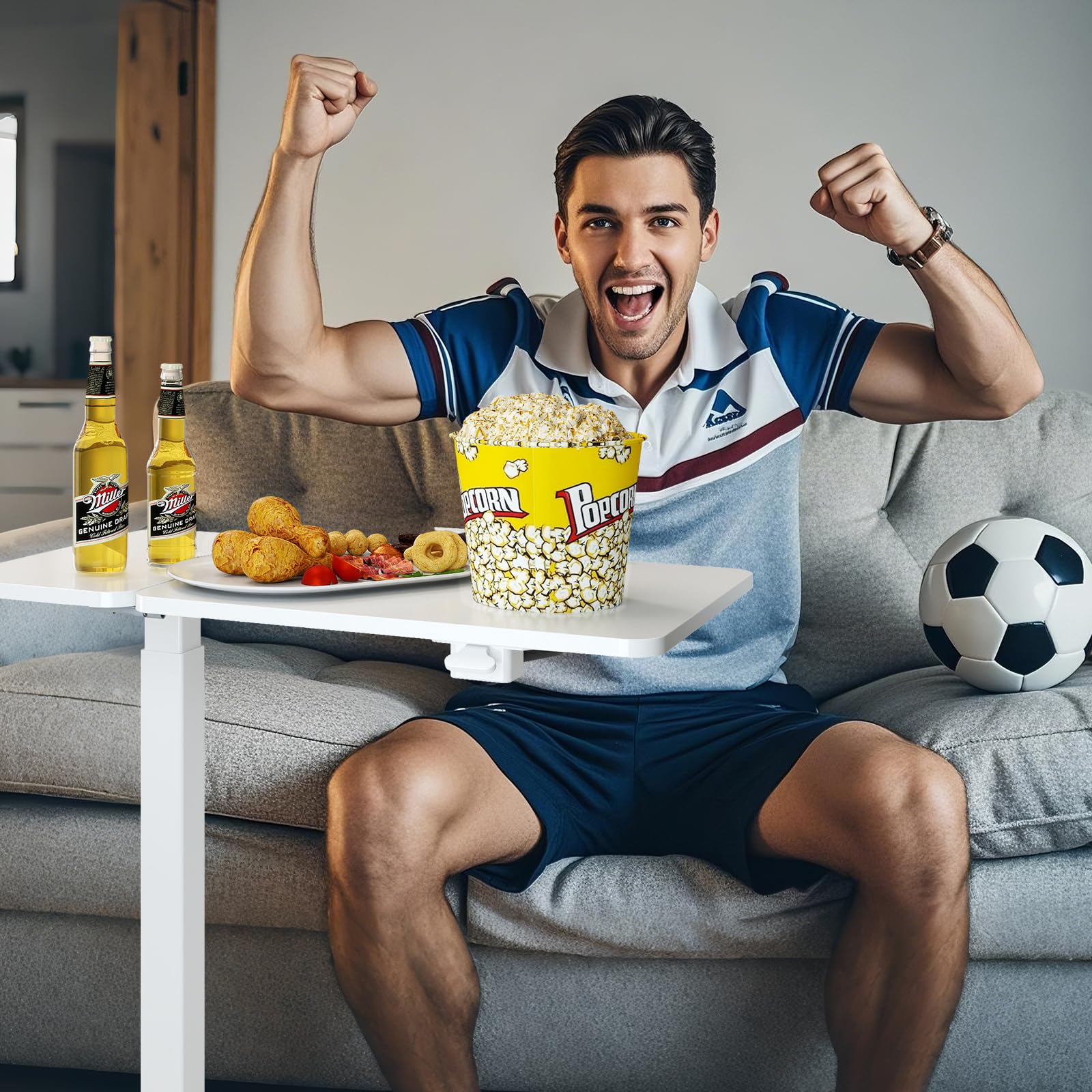 DUMOS Overbed Bedside Table Adjustable with Wheels, Mobile Standing Stand Up Rolling Laptop PC Desks with Tilting Top Height Tray Side Computer Workstation for Bedroom on Hospital Home Use, White