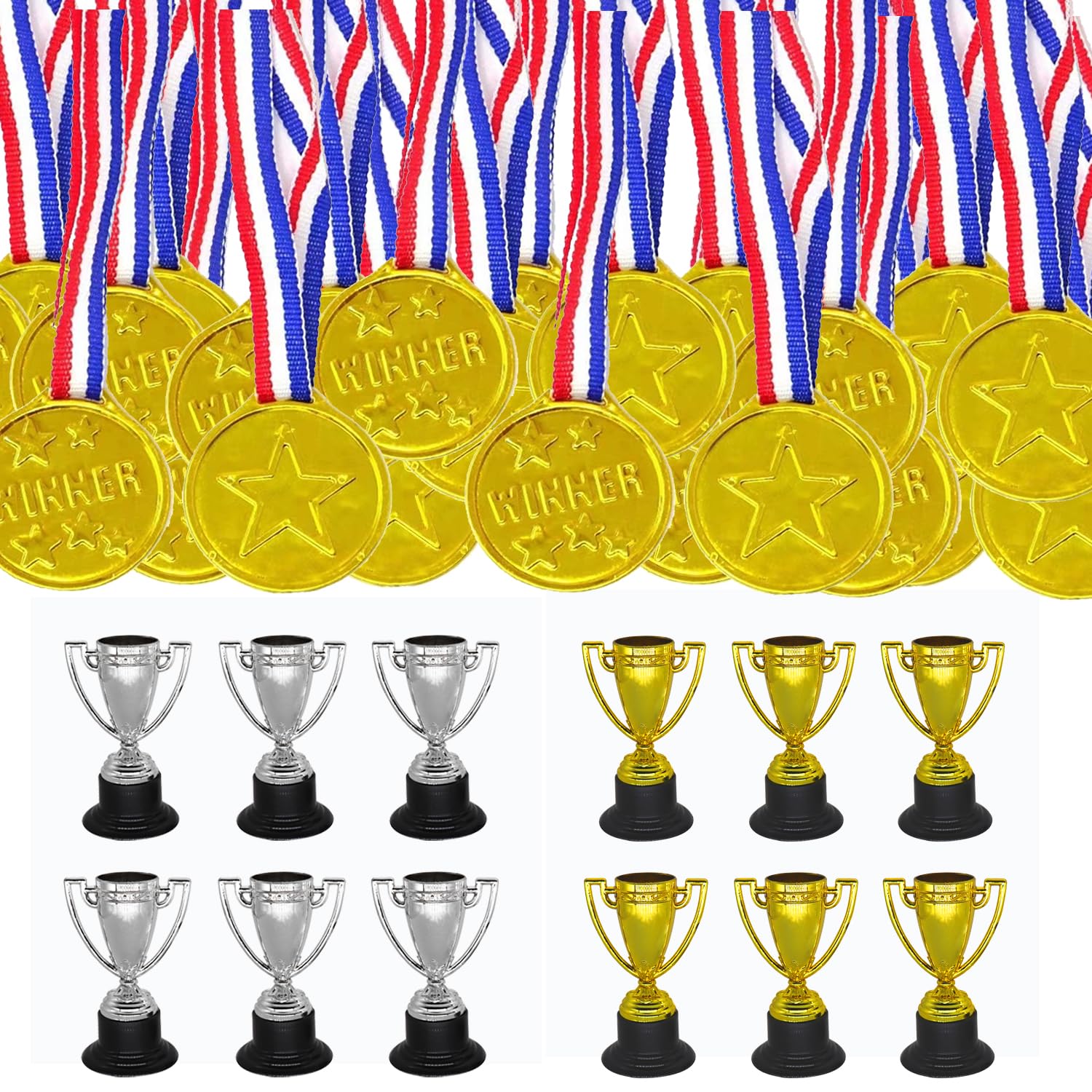 Artong Quality Strong 78 Gold Plastic Champion Medal Necklace + Gold and Silver Trophies 6 Each Games Awards Presented at the Children's Games (78)