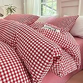 LifeTB Queen Comforter Set Red Gingham Comforter Modern Style Plaid Boho Comforter Set 3 Pieces Fluffy Grid Checkered Comforter with 2 Pillowcases Farmhouse Gingham Bedding Set Queen Size