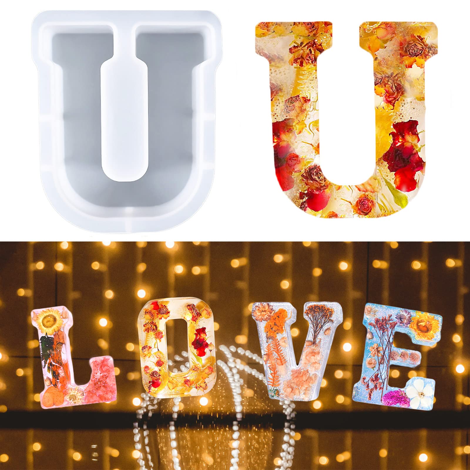 7-in Large Letter Mould for Resin, 26 Capital Letter Alphabet Epoxy Mould, A-Z Big Alphabet for Making Cake Candle DIY Crystal, 3D DIY Crystal Word Sign for Party Home Decor (U)