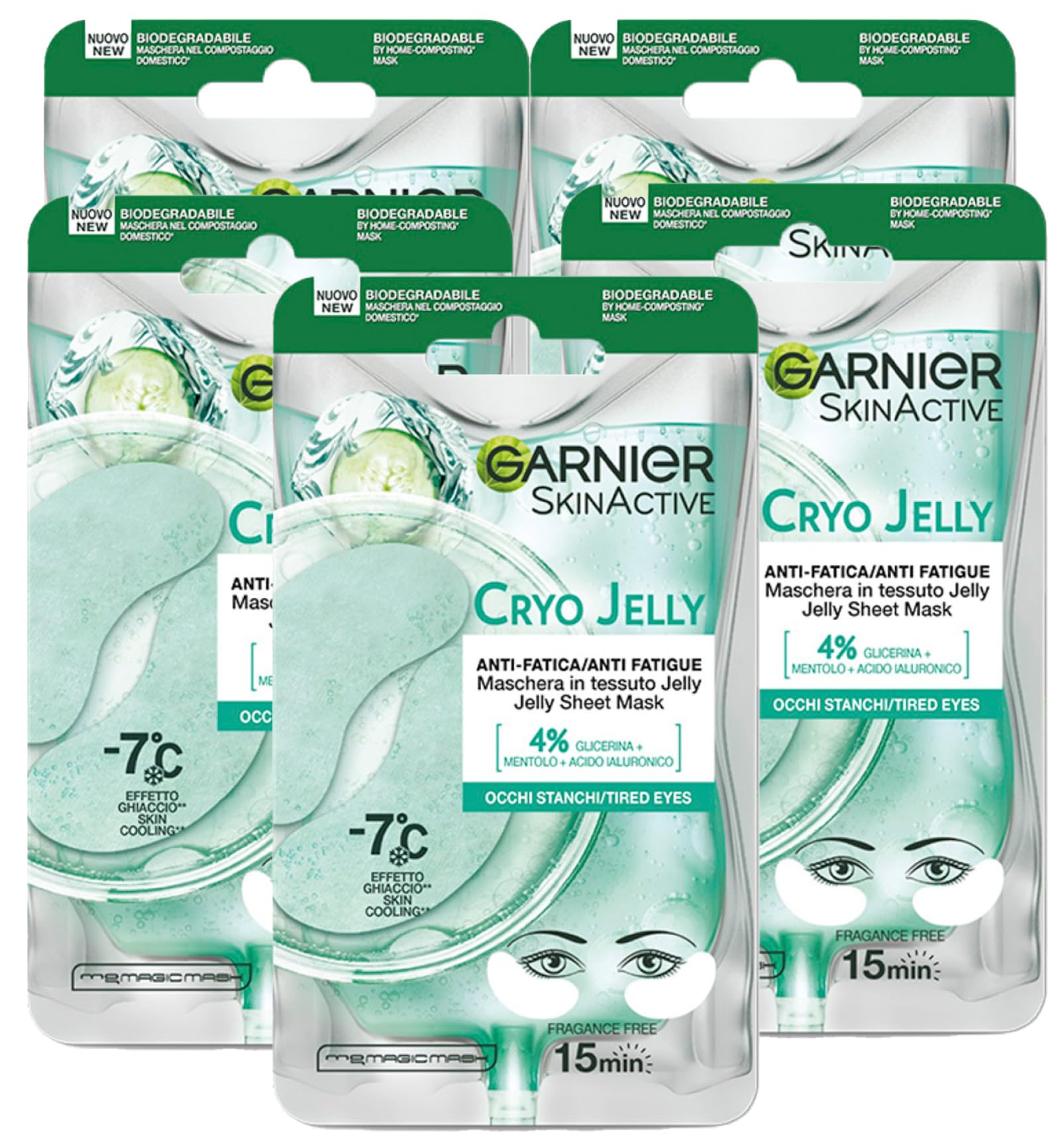 Garnier SkinActive Cryo Jelly Biodegradable Textile Eye Contour Mask Anti-Fatigue Ice Effect with Hyaluronic Acid Conto Occhia Darkenings Vegan Formula - 5 Packs of 1 Application