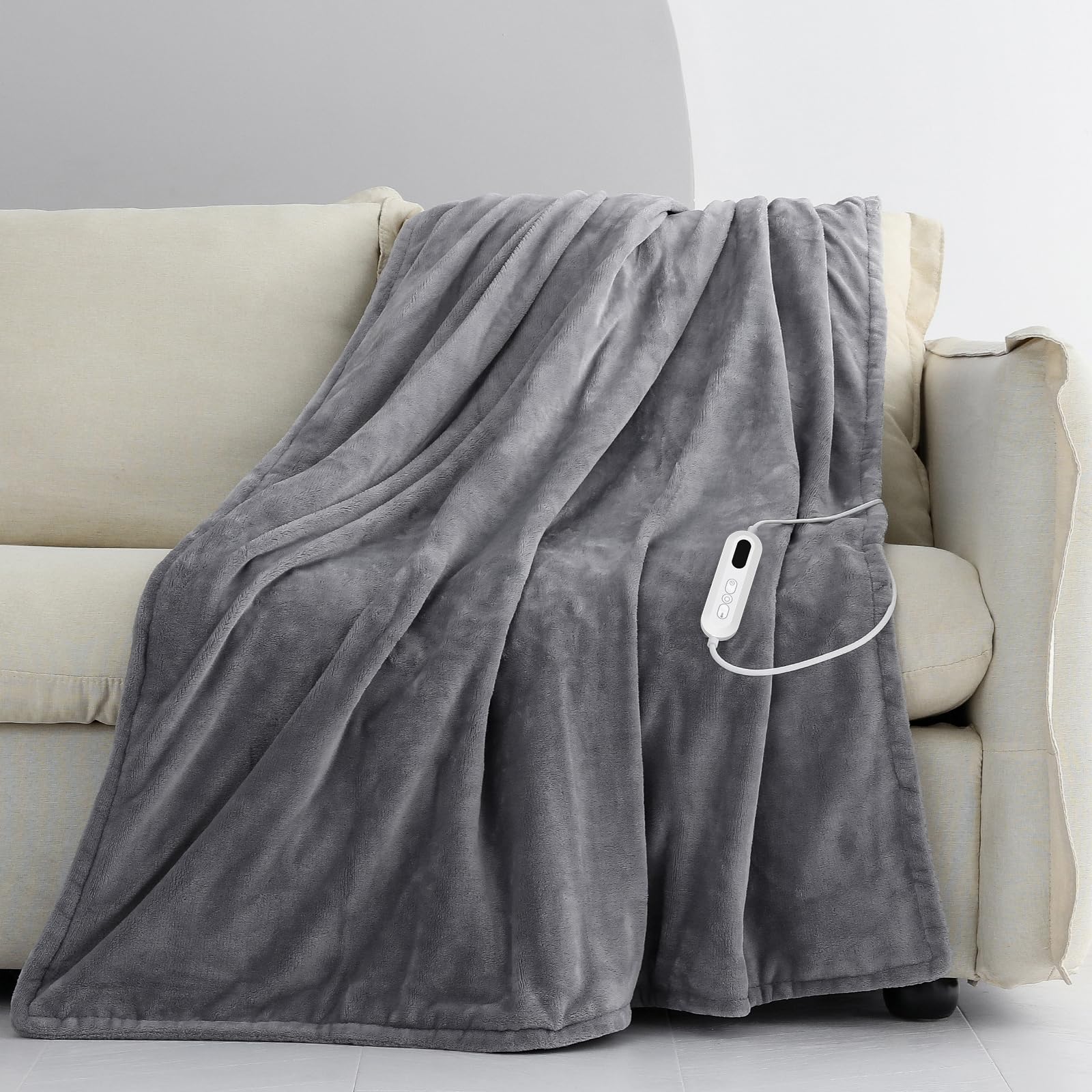 CORIWELL Heated Blanket Electric Throw - Fast Heat Up Flannel 160 x 120cm, 9 Temperature Settings & 9H Timer - Grey Heating Blanket for Sofa Bed Office