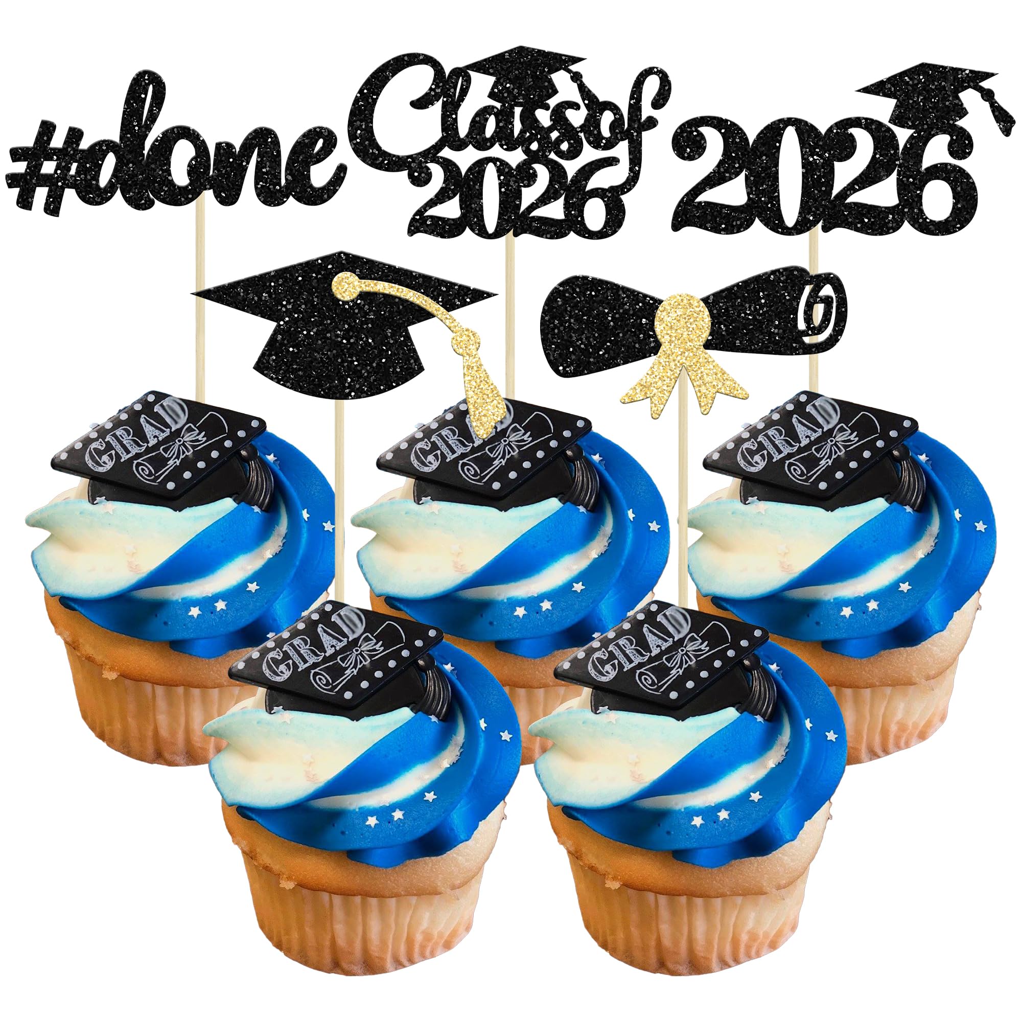 Gyufise 30Pcs 2026 Graduation Cupcake Toppers Gold Glitter Class of 2026 Cake Toppers Graduation Done Cupcake Picks Grad Cap Diploma Cake Decorations for 2026 Graduation Theme Party Cake Supplies — image 1