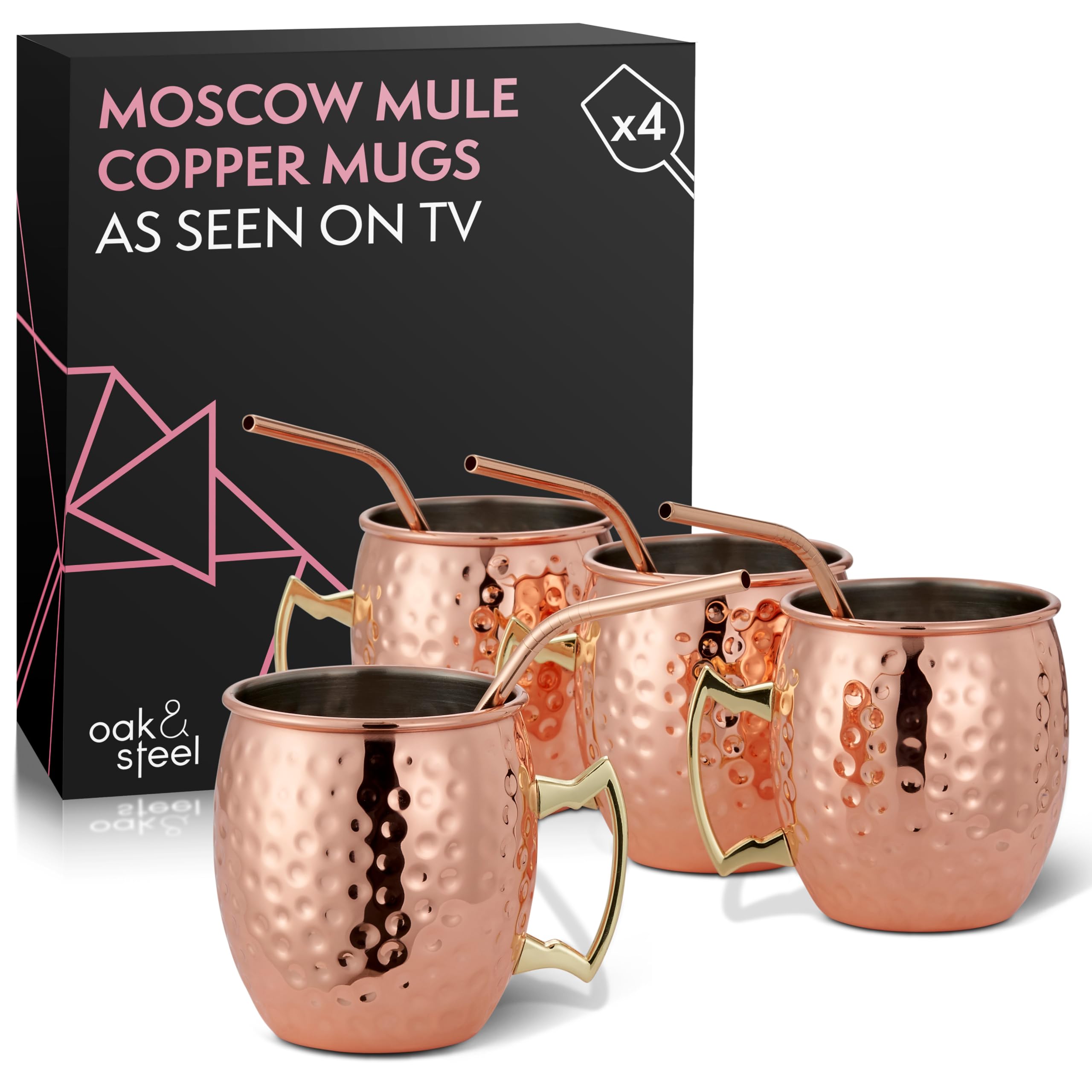 Oak & Steel - 4 Large Moscow Mule Cocktail Mugs, 550ml - Hammered Design Copper Cups Gift Set with Stainless Steel Straws Cleaning Brush