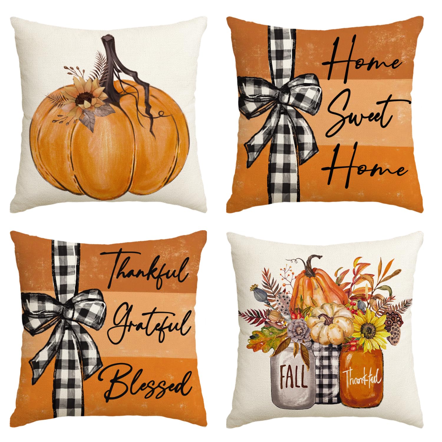 Photo 1 of AVOIN colorlife Fall Pumpkin Home Sweet Home Throw Pillow Covers, 18 x 18 Inch Autumn Thankful Grateful Blessed Harvest Floral Orange Decorations for Sofa Couch Set of 4
